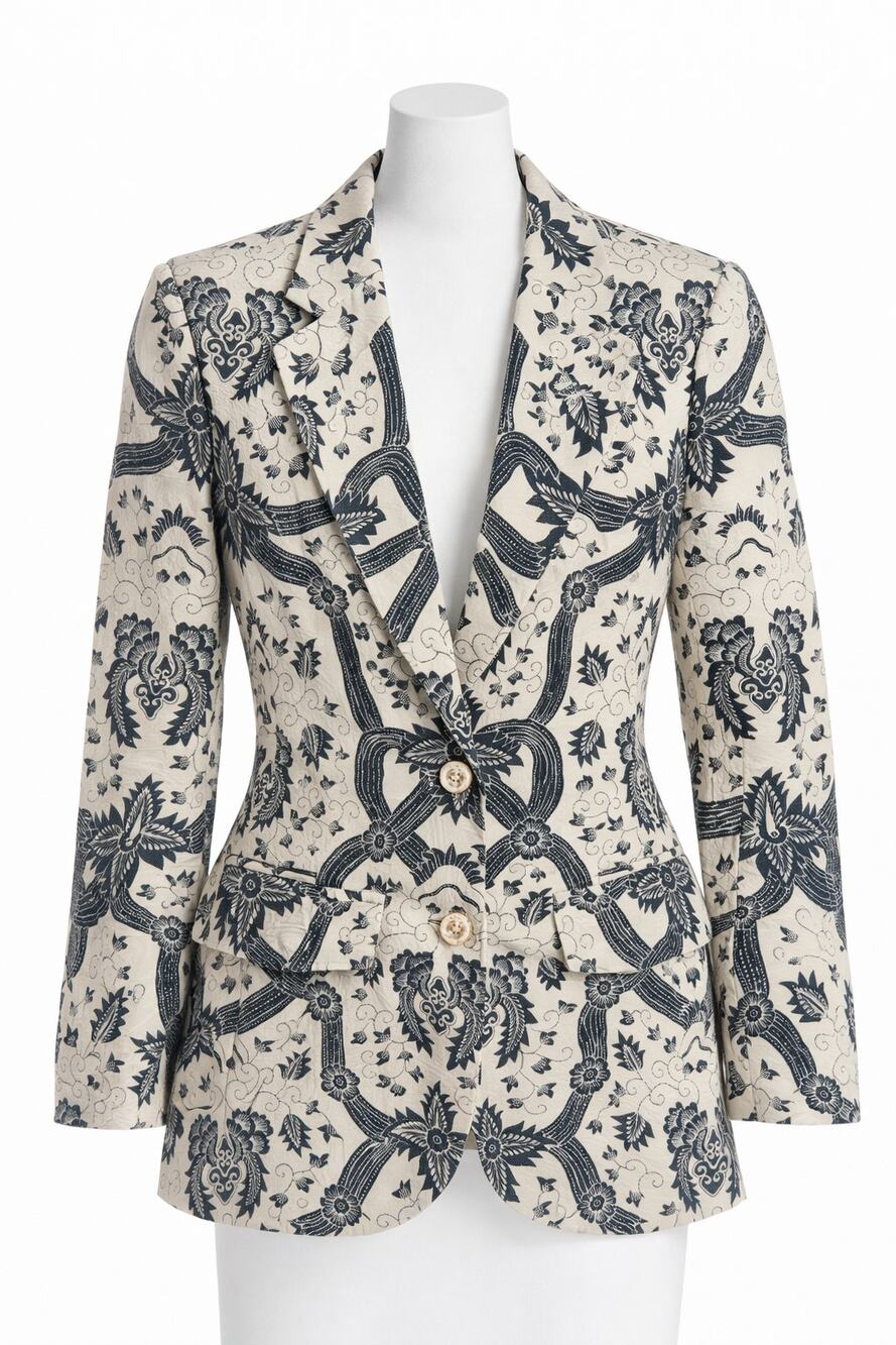 VTG Graphic Silk Blazer Cream Black Womens Small/4 Artsy Statement Power Looks